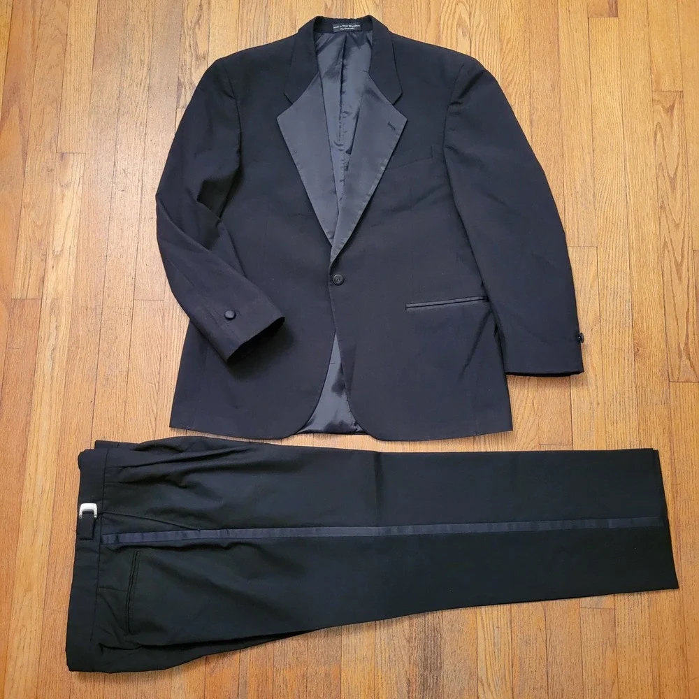 Formal 1 Vintage 42R Tuxedo Black Wool Peak Lapel Single Button Prom Formal Gala